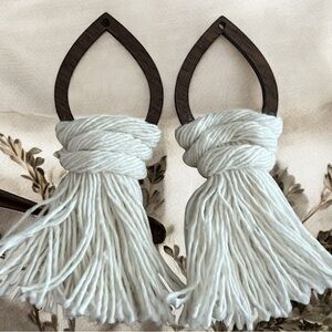 Walnut Top & Macrame White Tassel Earrings 3”/Silver Hardware added before ships